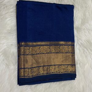Pure Mangalagiri dark blue Pattu Saree in golden zari border