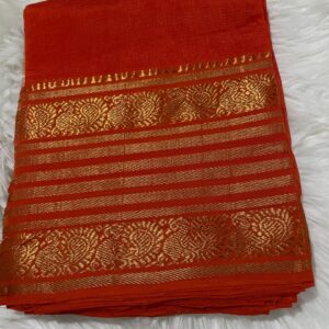 Pure Mangalagiri Orange Pattu Saree in golden zari border
