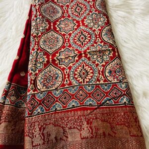 Pure Dola Silk Saree in Ajrakh block prints