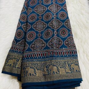 Pure Dola Silk Saree in Ajrakh block prints,rich zari border,  with rich butta blouse